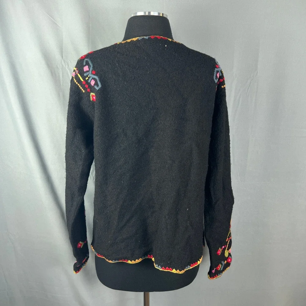 Vrikke Norwegian Cardigan Sweater Womens Black Intricate Embroidery Long Sleeve